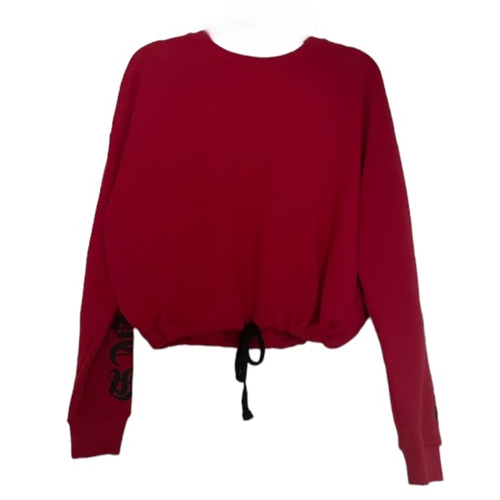 FOREVER 21 red cropped drawstring scrunched bottom bold font sweater